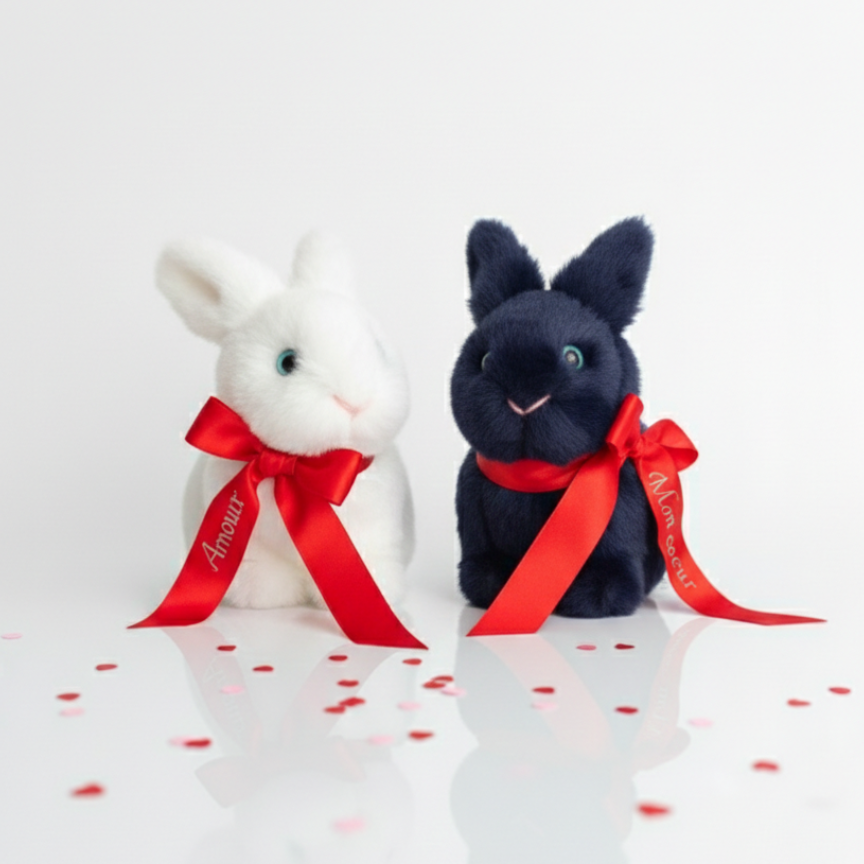 Duo Lapin Toi&Moi – Peluche couple avec rubans personnalisés